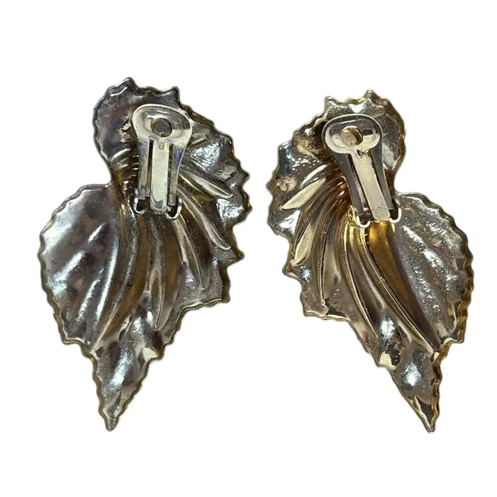 Vintage Abstract Resin Leaf Clip On Earrings Purple Teal Statement Jewelry